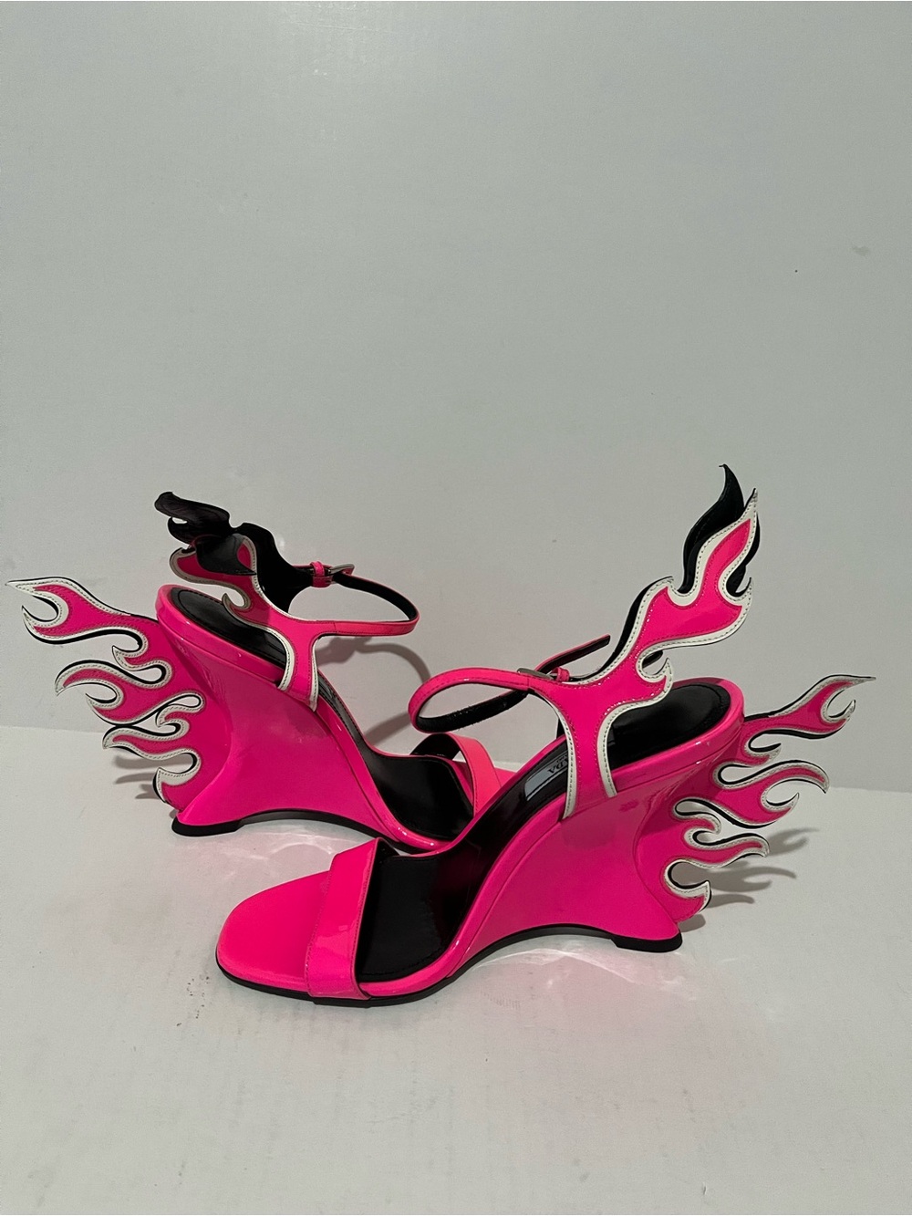 Prada Neon Pink Flame Wedge Sandals with Black & Silver Accents - Picture 6 of 10